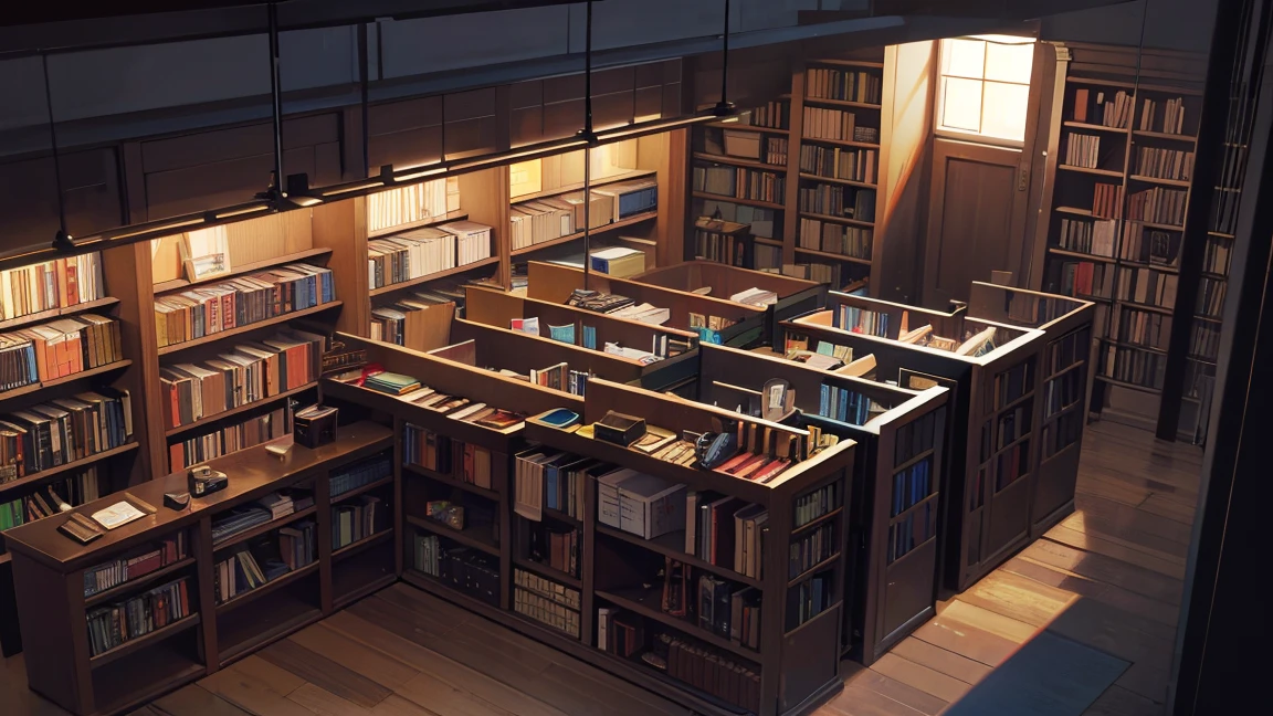 A narrow and dark study、A wall completely covered with bookshelves、There is one desk with a PC in the center.、No people