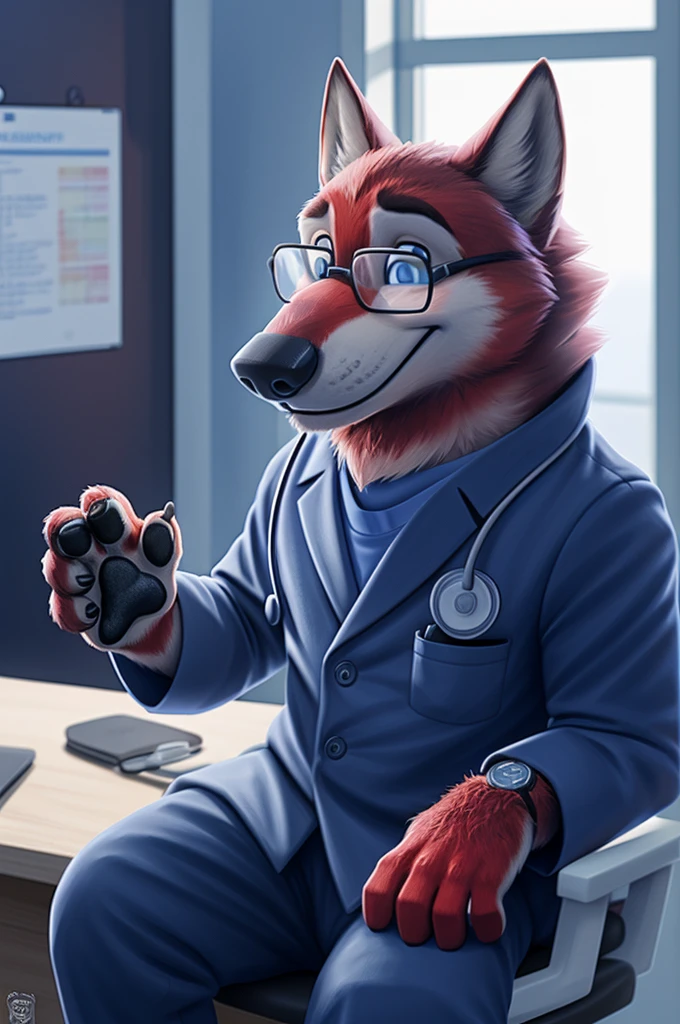 Joachim Wolfbach (Zootopia),tall handsome, wolf,young, 24 years, brown fur,(red body:1.3),Blue eyes, Moscow Dressed,emergency doctor blue jacket, blue pants,shoes, Chumadan with medicines, stethoscope in neck, canine, wolf, detailed fur, Male, , paw pads, finger claws,Holding an ECG machine in your hand, At the viewer, 5 fingers, paws, 5 fingers, smile, happy, goes to a call,in an ambulance, wrist watch, т nextel, сижу in an ambulance, by xenoforge, (difficult, high detail, film photography, soft focus, RAW, pilot in training,smile смех
фотореализм, realistic, photorealistic, analog style, subsurface scattering,
masterpiece, Best quality, ultra realistic, 8 thousand.)
