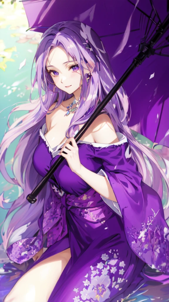 anime girl with purple hair and purple dress holding an umbrella, beautiful anime woman, cute anime style, ”beautiful anime woman, anime girl with long hair, beautiful alluring anime woman, cute anime girl, anime woman, beautiful anime art style, white haired deity, beautiful anime art, anime style digital art, Anime digital art, anime woman fullbody art, female anime character
