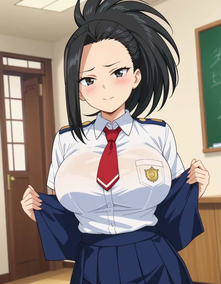 score_6_up, best quality, anime screencap, 1girl, solo, momo, long hair, bangs, black hair, ponytail, black eyes, high ponytail, wide ponytail, big breasts, blush, looking at viewer, student, uniform, hotel, skirt, red tie