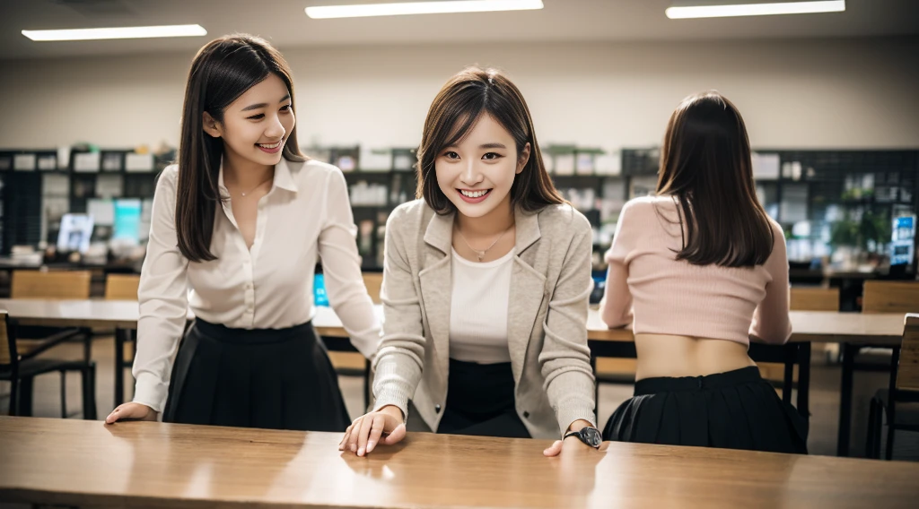Tabletop, Highest quality, Ultra-high resolution,(Like the picture:1.4) (Depth of written boundary),(Lens Glow) , Jacket:1.5、Home electronics store:1.5、Beautiful Japanese Women:1.5、company employee、Sexy ass:1.5、squat:1.5、smile、mini skirt:1.5