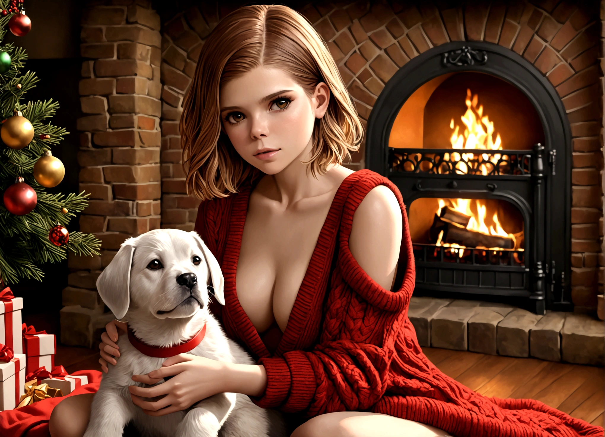 a beautiful young woman (Kate Mara, age 25), wearing an oversized frumpy Christmas sweater (shoulders exposed, deeply plunging neckline) , nude except for sweater, her intimate areas partially exposed and very detailed, sitting cross-legged by an old-fashioned fireplace with a roaring fire, playing with and petting a cute puppy, Christmas scene (best quality, 4k, 8k, highres, masterpiece:1.2), ultra-detailed, (realistic, photorealistic, photo-realistic:1.37), HDR, UHD, studio lighting, ultra-fine painting, sharp focus, physically-based rendering, extreme detail description, professional, vivid colors, bokeh, portrait, figurative, intimate, sensual, cozy, Christmas, warm lighting, chiaroscuro
