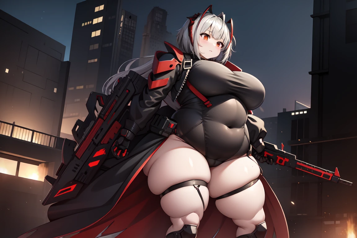 1girl, w_arknights, black bodysuit with red parts, city ruins, hi-tech armor pieces, mature, gigantic breasts, panties, thick legs, standing, walking