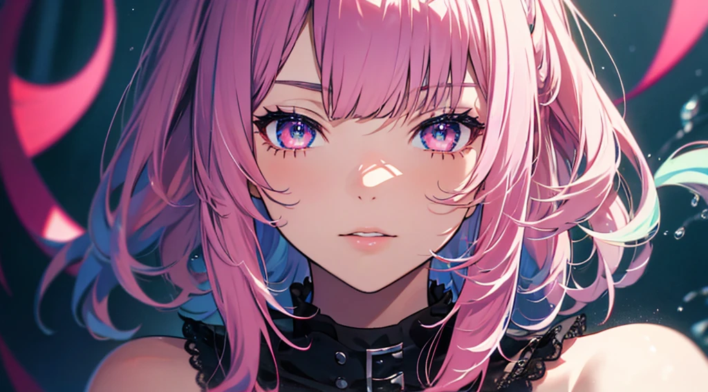 1woman, solo, pink hair, gray eyes, detailed eyes, eyelashes, light lips, 25years old, キス待ち顔, (cowboy shot:1.3), from above