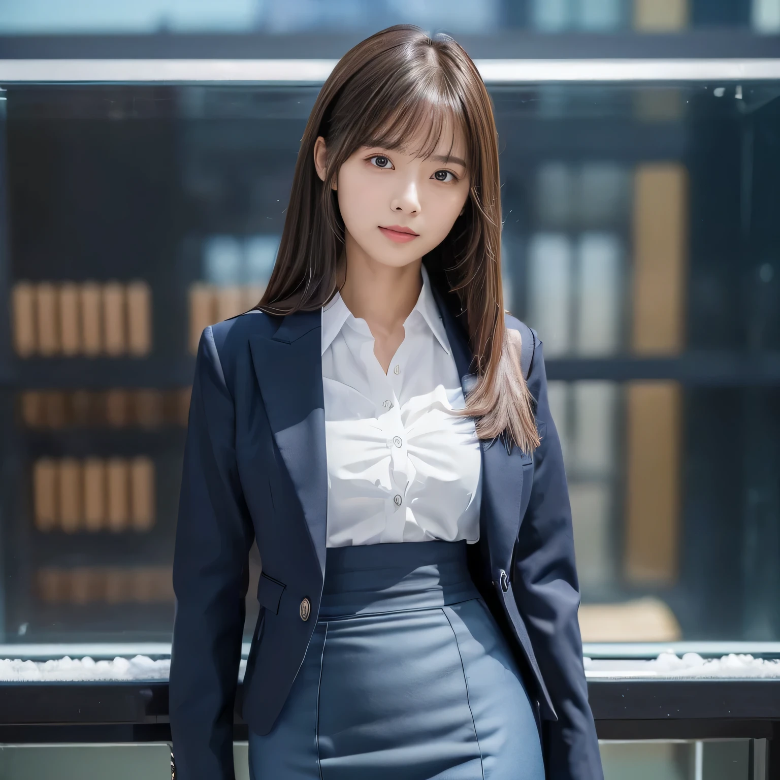 (Sensual look:1.9), ((Full Body Shot:1.9 Highest quality)), (panorama:1.8), Cinema Lighting, (RAW Photos, Highest quality), ( Realistic:1.4), realism, masterpiece, Very delicate and beautiful, Very detailed, 4k wallpaper, wonderful, finely, Very detailed CG unity 8k wallpaper, Very detailed, High resolution, Soft Light,Japanese, (one shot:1.9), (24-years-old:1.6), (Height: 156cm, Weight: 49Kg:1.9), (Round face:1.2), (Fat:0.8), Beautiful detailed woman,Famous Japanese actresses, Detailed face, finelyて美しい目, Very detailedな目と顔, Beautiful eyes and a beautifully detailed nose, (Straight Hair:1.4), Shiny Hair, Shiny Hair, Brown Hair, (bangs:1.4), Long, slender legs, Toned body, (smile:0.5), Natural Makeup, (Dark blue business suit, Pencil Skirt:1.4), (Glass Skyscraper:1.3), (Clear winter blue sky:1.4), (A beautiful form with an inorganic feel), Cool look,