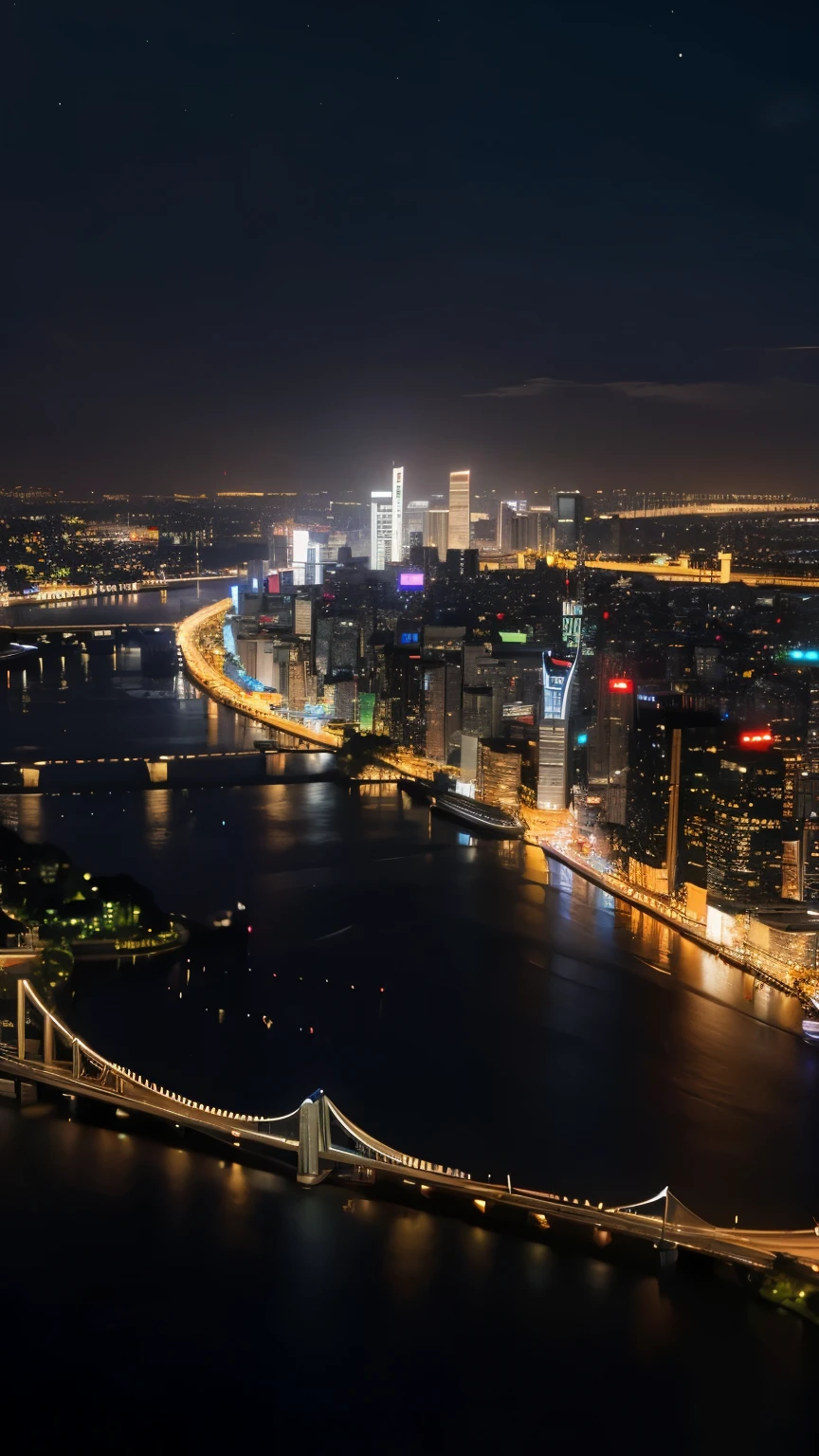 arafed view of a Night city with a lot of lights, Cityscape shot from drone, Flat view of the city, Flat view of cyberpunk city, Busy city landscape, A frontal view of a megacity street, Head-up view of the city, beautiful city of the future, Brightly lit building, Night city, City night visual effects
