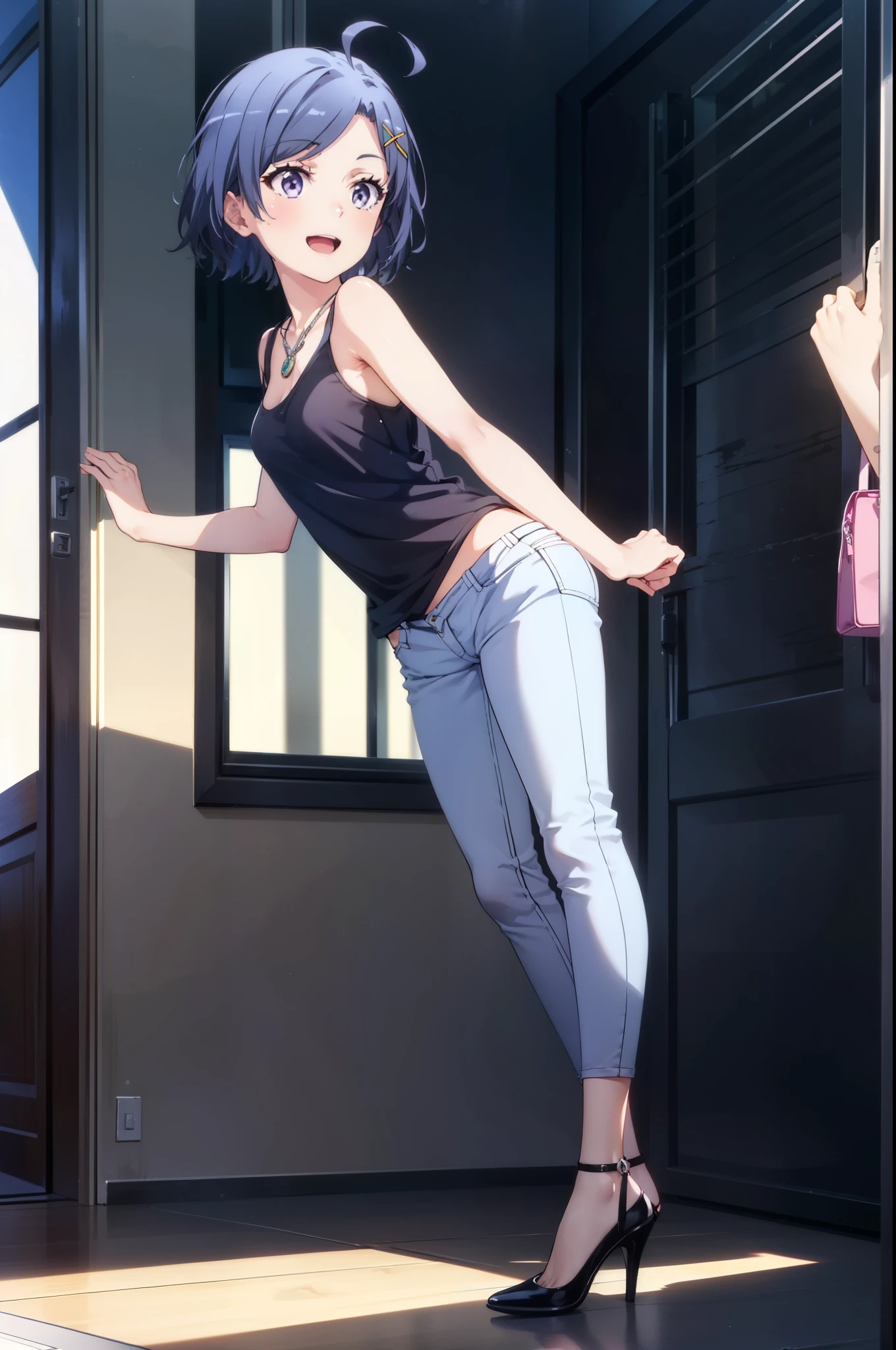 <lora:new-test3-epoch-000230:1>, 1girl, solo, standing, (desperation, holding crotch:1.1), jeans, pants, shirt, small breasts, indoors, (tears:0.7), full body