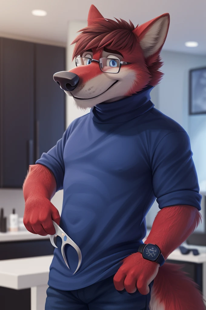 Ivan Fedorovich Wolfbach (Novosibirsk) ,tall handsome, wolf,young, 24 years, brown fur,Kind,(red body:1.3),beautiful blue eyes,Novosibirsk glasses,dressed, turtleneck,apron,jeans,canine, wolf, detailed fur, male,paw pads, finger claws,At the viewer, 5 fingers, paws, 5 fingers, smile, wrist watch, т nextel,by xenoforge, (difficult, high detail, digital photography, soft focus, RAW variety работает парикмахером,Very close to the camera, variety,Novosibirsk, smile, good mood, positive, Very close to the camera, holding scissors, At the hairdresser, stylist doing hairstyle, worth a turtleneck,
Photorealism, realistic, photorealistic, digital style, Subsurface scattering,I look at the viewer,worth getting a haircut, looks at the mirror, men's cosmetics,
masterpiece, Best quality, ultra realistic, 8 thousand.)