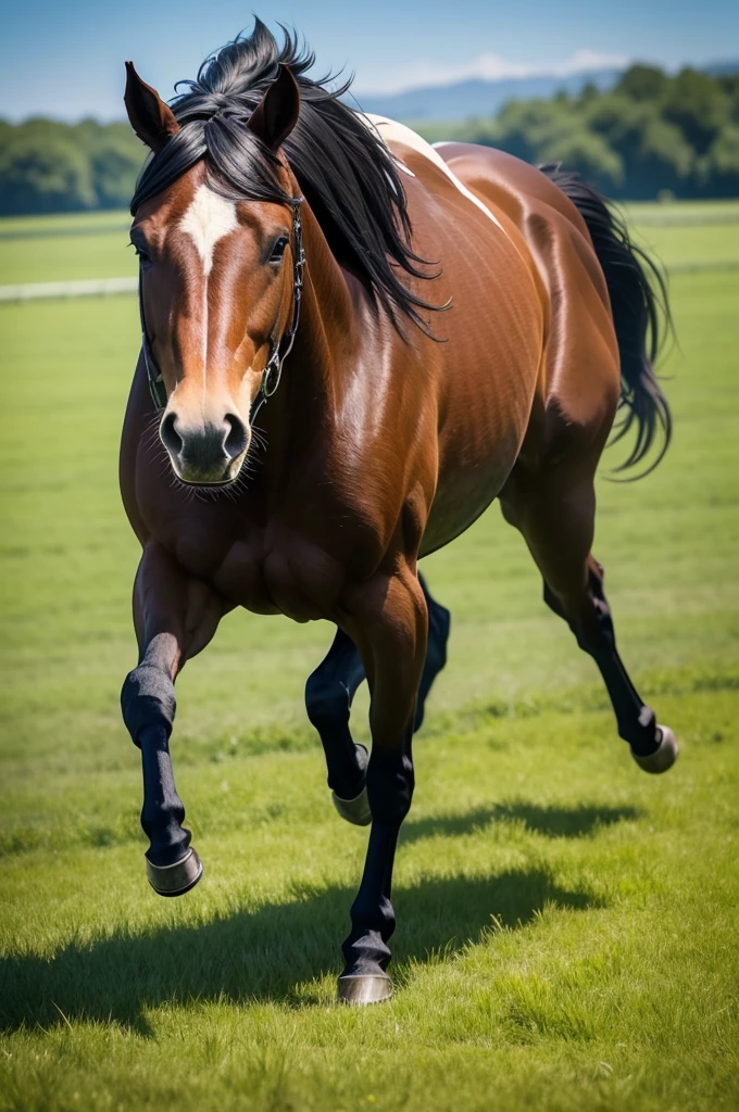 8k realistic photo of a horse running through a field full of grass