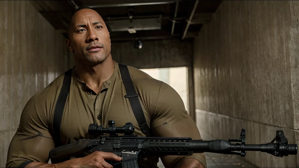 actor Dwayne Johnson holding a rifle