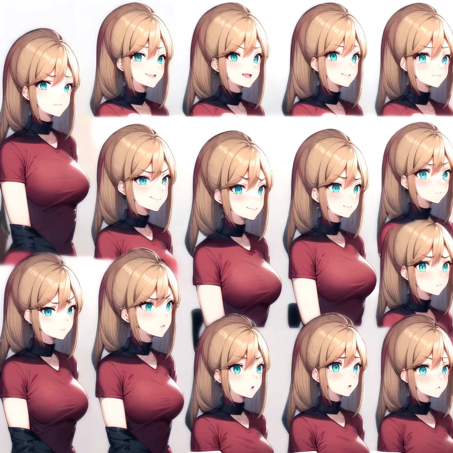 1 Girl,Three-quarters view from the right,Gray background,Facial expression expressions,the same person,9 facial expressions,grid,Long hair,(Blonde hair:1.4),Green Eyes,微lol,lol,cry,tired,狡黠的假lol,Shy,Bad temper,surprise,Fear,rest(Red T-shirt:1.4),best quality,masterpiece,Very detailed,Very detailed,8K