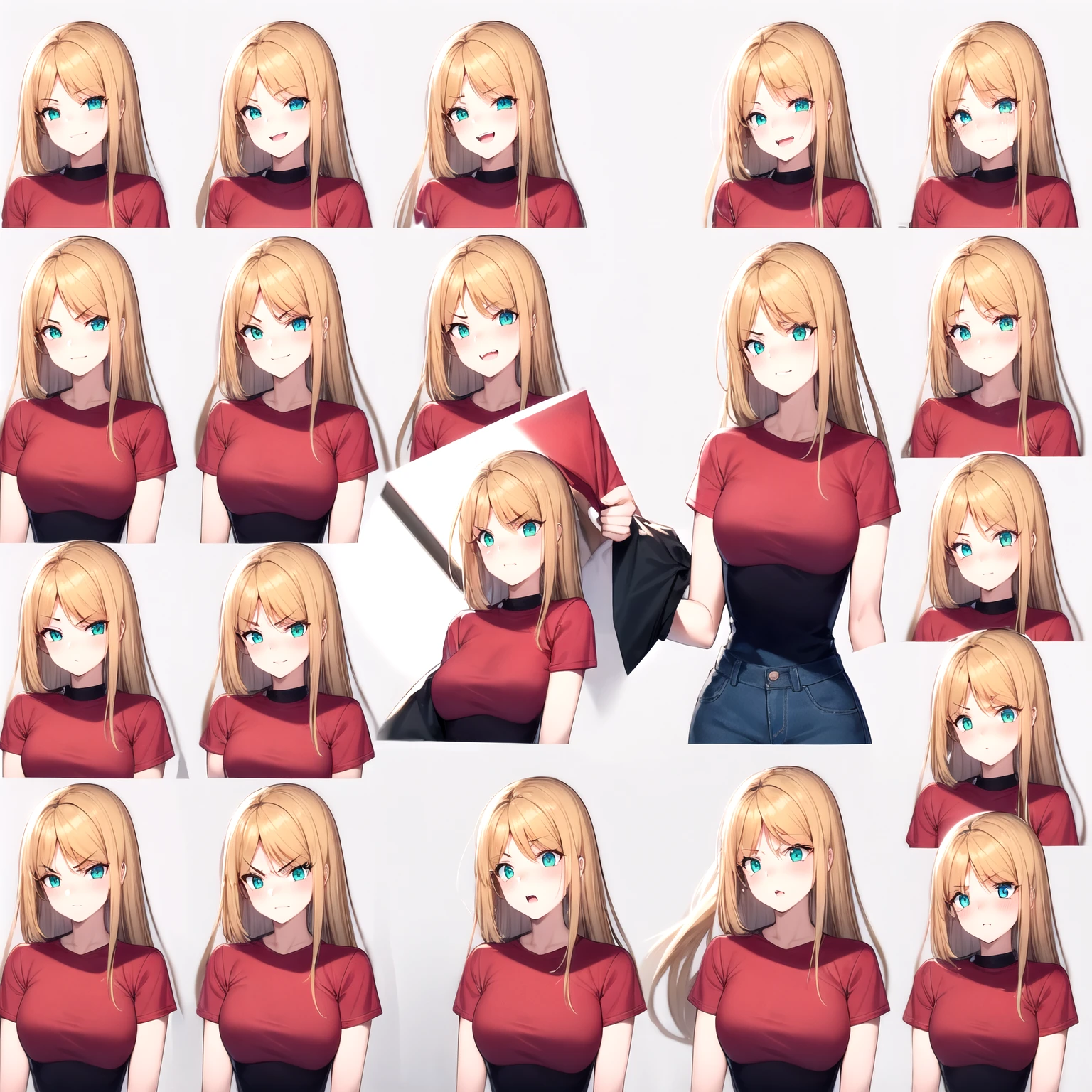 1 Girl,Three-quarters view from the right,Gray background,Facial expression expressions,the same person,9 facial expressions,grid,Long hair,(Blonde hair:1.4),Green Eyes,微lol,lol,cry,tired,狡黠的假lol,Shy,Bad temper,surprise,Fear,rest(Red T-shirt:1.4),best quality,masterpiece,Very detailed,Very detailed,8K