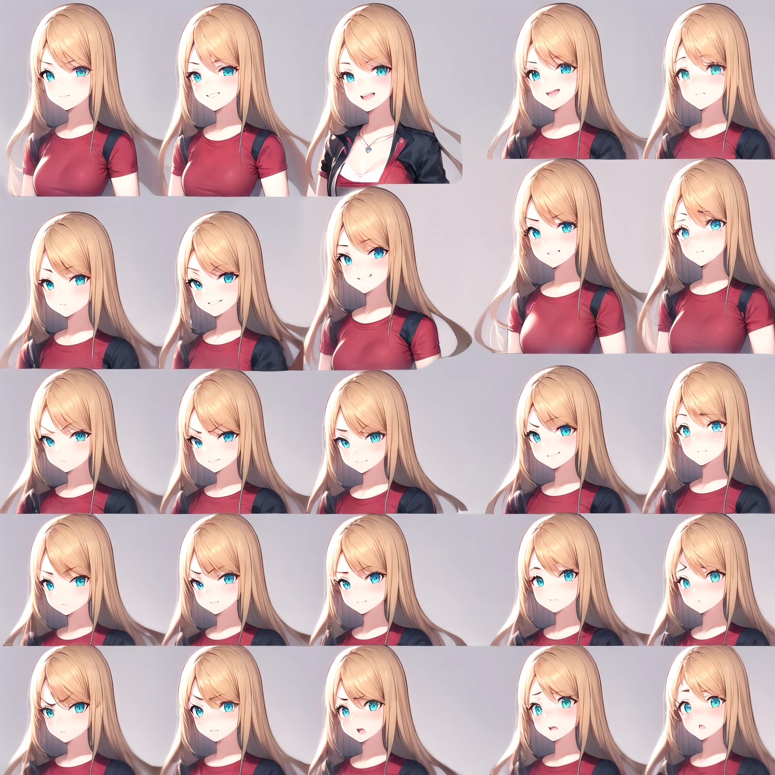 1 Girl,Three-quarters view from the right,Gray background,Facial expression expressions,the same person,9 facial expressions,grid,Long hair,(Blonde hair:1.4),Green Eyes,微lol,lol,cry,tired,狡黠的假lol,Shy,Bad temper,surprise,Fear,rest(Red T-shirt:1.4),best quality,masterpiece,Very detailed,Very detailed,8K