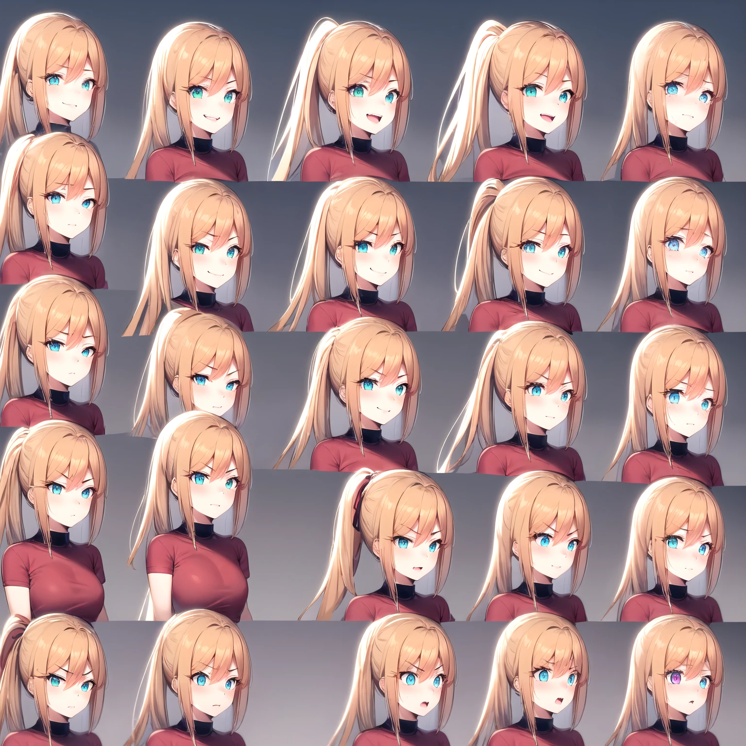 1 Girl,Three-quarters view from the right,Gray background,Facial expression expressions,the same person,9 facial expressions,grid,Long hair,(Blonde hair:1.4),Green Eyes,微lol,lol,cry,tired,狡黠的假lol,Shy,Bad temper,surprise,Fear,rest(Red T-shirt:1.4),best quality,masterpiece,Very detailed,Very detailed,8K