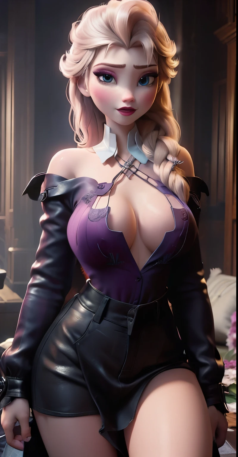 Elsa,chubby face,invent,face detail,blush,purple eye shadow, rose in hair,arise from,simple background, looking to the side,half shirt, White dress, No blouse, without bra, visible peak on chest, (big tits) (big breasts) (Fully exposed chest) ( naked and visible nipple) (big tits) (big breasts) (Fully exposed chest) ( naked and visible nipple) big tits) (big breasts) (Fully exposed chest) ( naked and visible nipple