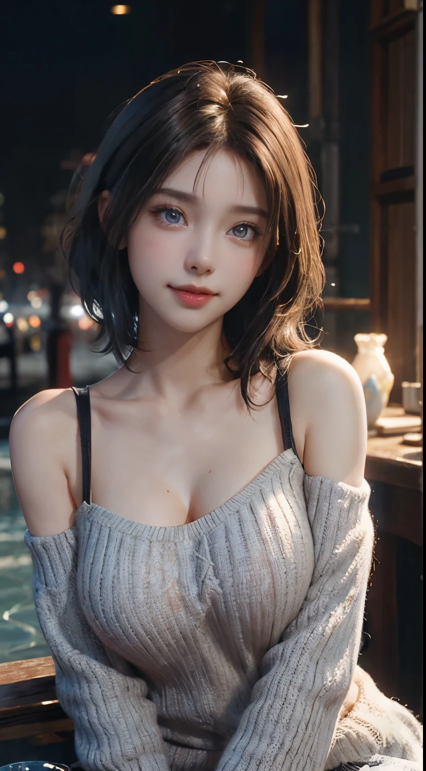 (logo, masterpiece, 8K, Tabletop, RAW Photos, wonderful, 最high quality, Photorealistic and very detailed CG composite 8k wallpaper, high quality, Very detailed, Narrative poem, Particle Effects, Dynamic Effects, Depth of the Boundary, Cinematic Light, Lens flare, Ray Tracing), short hair beautiful young woman, Hair tied back, high detail skin, very fine, fine skin texture, beautiful face, realistic eyes, beautifully detailed eyes, realistic skin, beautiful skin, surreal, smiling eyes, Hair and light eyes, Vibrant, Colorful lights and bokeh. The lighting casts a warm glow on her face and hair, Blue glow, Water surface reflection, Creates a dreamy and magical atmosphere, Big Breasts, Brown Hair, short hair, plump lower lip, pink blush on the cheeks , pink lips, brown tight no-shoulder knit sweater