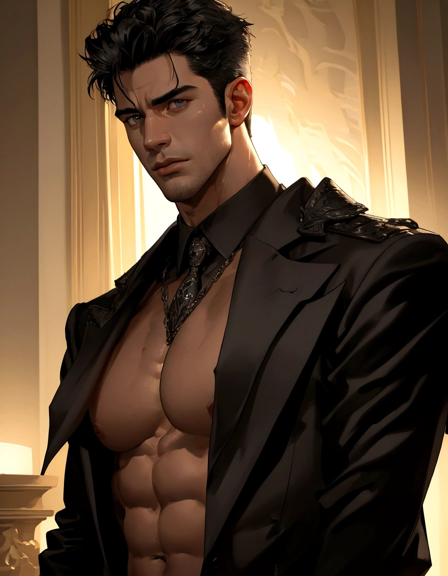 a handsome man with a big chest in a black jacket, big pecs, extremely detailed facial features, sharp focus, highly detailed skin, shirtless, realistic hyper-detailed portrait, photorealistic, cinematic lighting, high contrast, vivid colors, 8k, masterpiece