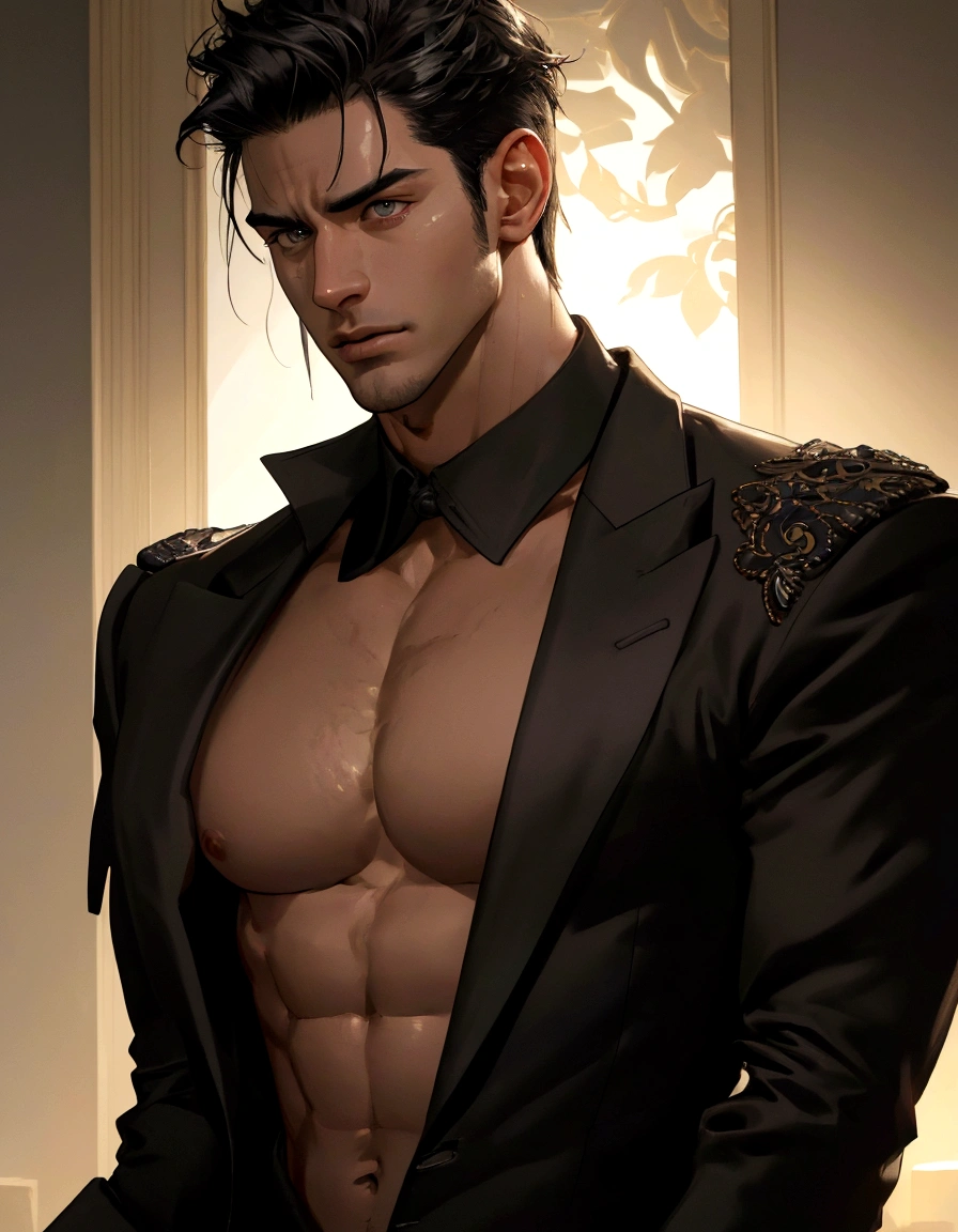 a handsome man with a big chest in a black jacket, big pecs, extremely detailed facial features, sharp focus, highly detailed skin, shirtless, realistic hyper-detailed portrait, photorealistic, cinematic lighting, high contrast, vivid colors, 8k, masterpiece