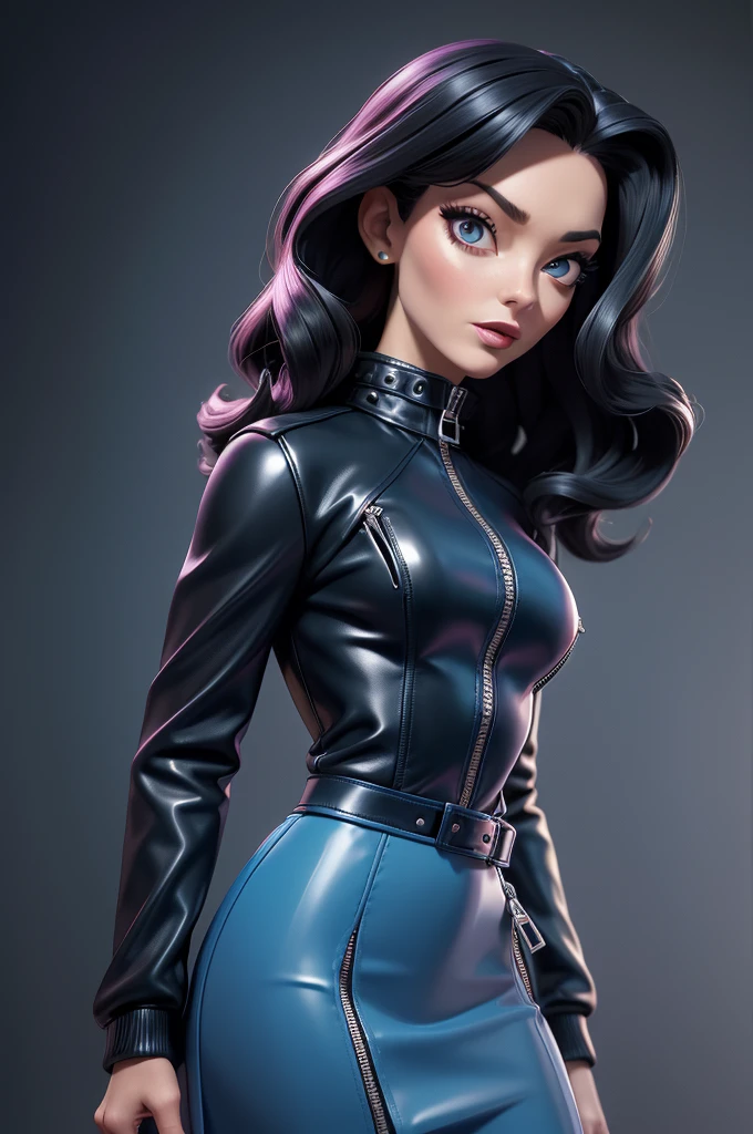 obra prima, melhor qualidade, ((only one woman,)) ((carolyn jones morticia, straight black hair,)) head back, (sexy sultry wicked look, open mouth, pucker mouth,) thick smoky black eye shadow, long fake eyelashes, ((magenta leather jacket with puff shoulder,)) biker jacket has stiff collar, leather blouse, ((gold silver leather sweater dress, metallic leather sun dress, leather culottes,)) periwinkle blazer length leather coat, ((cerulean blue pvc skirt, pockets, zipper side,)) studs zippers snaps, shiny leather gloves, nip slip, body is skinny, shiny tight buttocks, arched back, camera view of whole body, looking up at me, shallow depth of field, highres, HD, 8k, anatomically correct