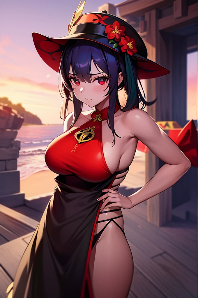 2d, tmasterpiece, best qualtiy, anime big breast, highly detailed eye, Highly detailed face, highly detailed back ground, perfect litthing, cowboy lens, 1girll, solo, standing on your feet, beachside,Bikini style,huge boob,hu tao\(genshin impact\), pupils in symbol shapes, flower shaped pupils, Hats, red flower, red eyes, SakuraNS,
