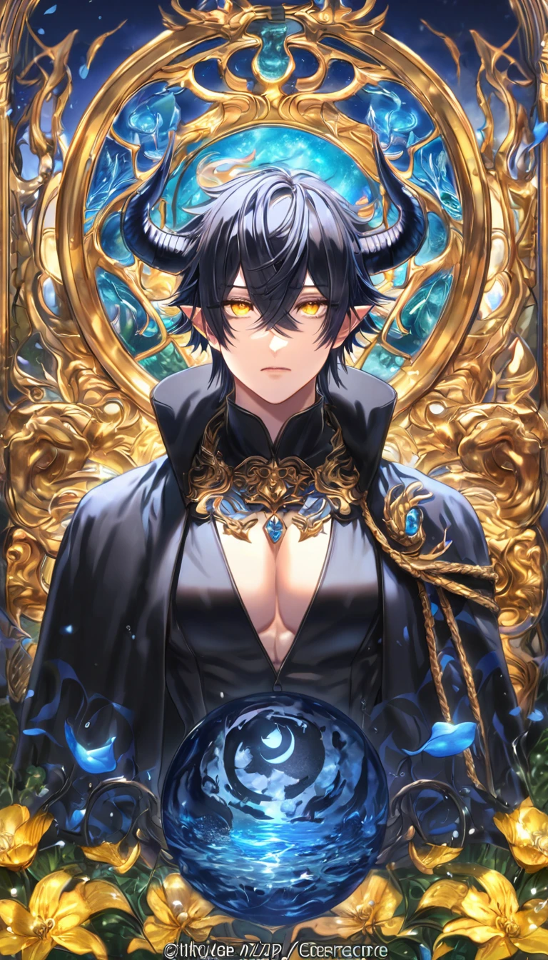 absurdres, highres, ultra detailed, HDR, master piece, Yuden, spiked black hair with bangs, hair between the eyes, expressive yellow eyes, black vest, Demon Fantasy, sexy man, handsome, best quality, blue moon, flowers, fantasy, magical, solo, black coat, water, blue shining fireflies, black cape, black gloves, black tight shirt, blue petals, demon black horns, toned chest