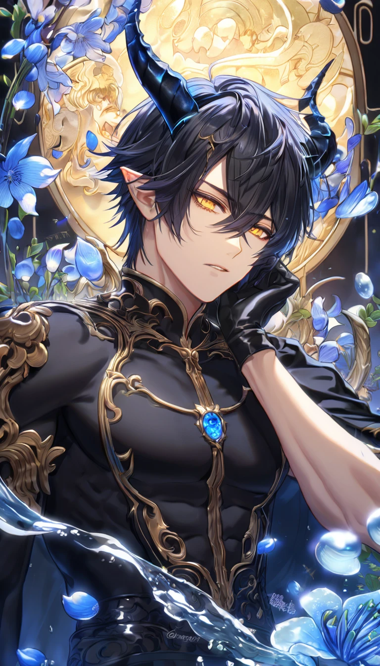 absurdres, highres, ultra detailed, HDR, master piece, Yuden, spiked black hair with bangs, hair between the eyes, expressive yellow eyes, black vest, Demon Fantasy, sexy man, handsome, best quality, blue moon, flowers, fantasy, magical, solo, black coat, water, blue shining fireflies, black cape, black gloves, black tight shirt, blue petals, demon black horns, toned chest