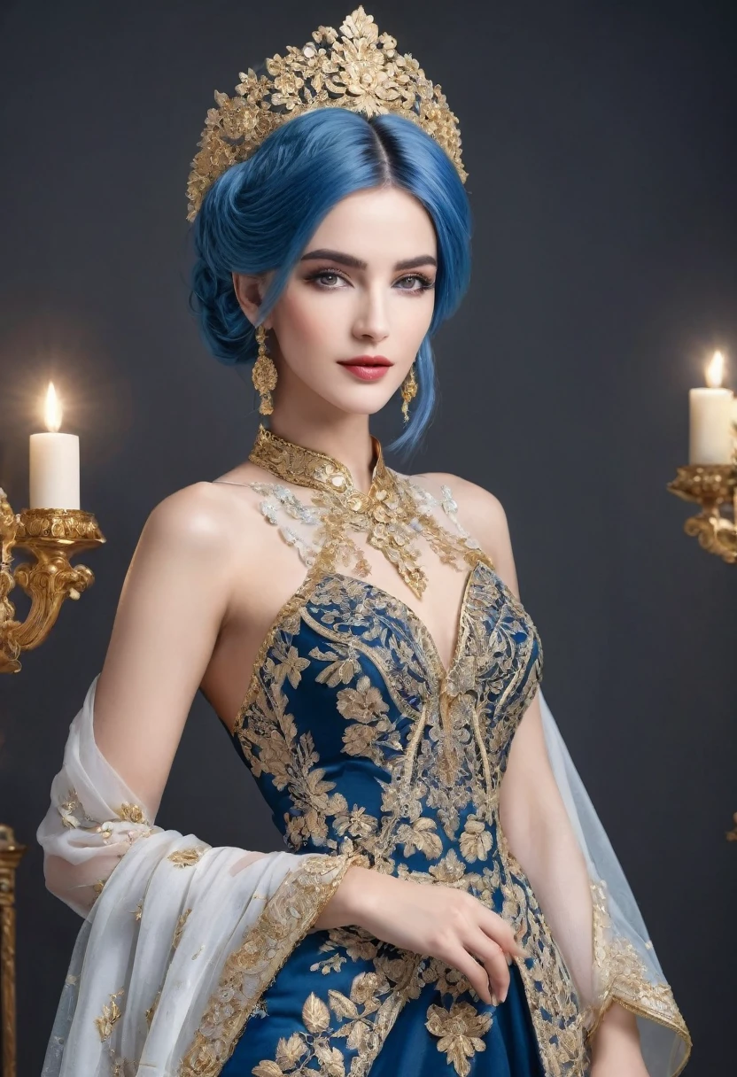 a woman with elegant dress, blue hair, white skin, posing, outfit is adorned with gold embroidery, best quality, high resolution, ultra-detailed,