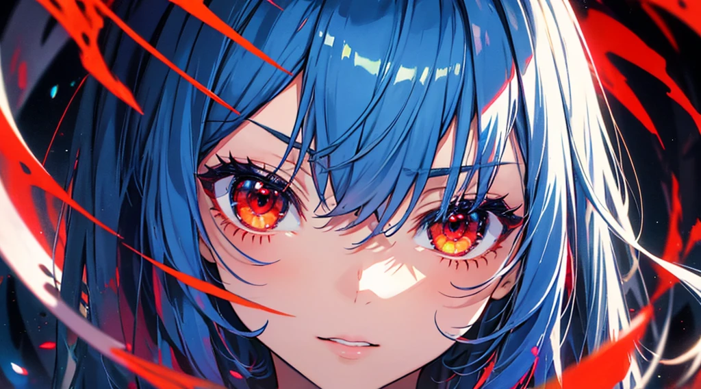 Close-up shot, Eye close-up, ((masterpiece)), ((Super detailed)), Pixiv, Best Shadow, Best lighting, Highest quality, Cinematic shots, One Girl, alone, prohibit, Theme depth, paint, Portraiture, Hair length, Blunt bangs, Lips parted, Paint splashes, ((Two-tone hair)), Looking into the camera, Blue Hair, ((Colorful red eyes)), chromatic aberration