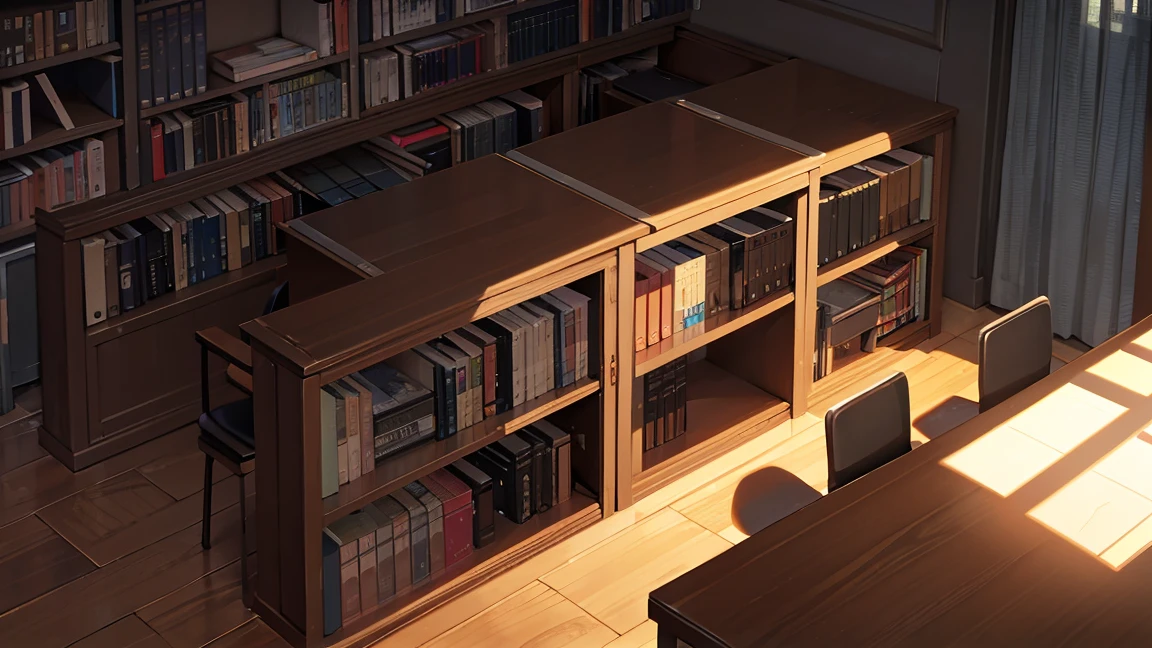 A narrow and dark study、The back wall is completely covered with bookshelves、A desk with a PC in the center、No people