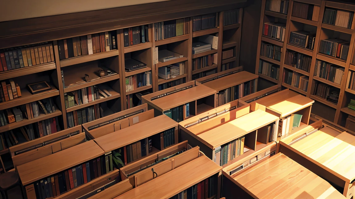 A narrow and dark study、The back wall is completely covered with bookshelves、A desk with a PC in the center、No people