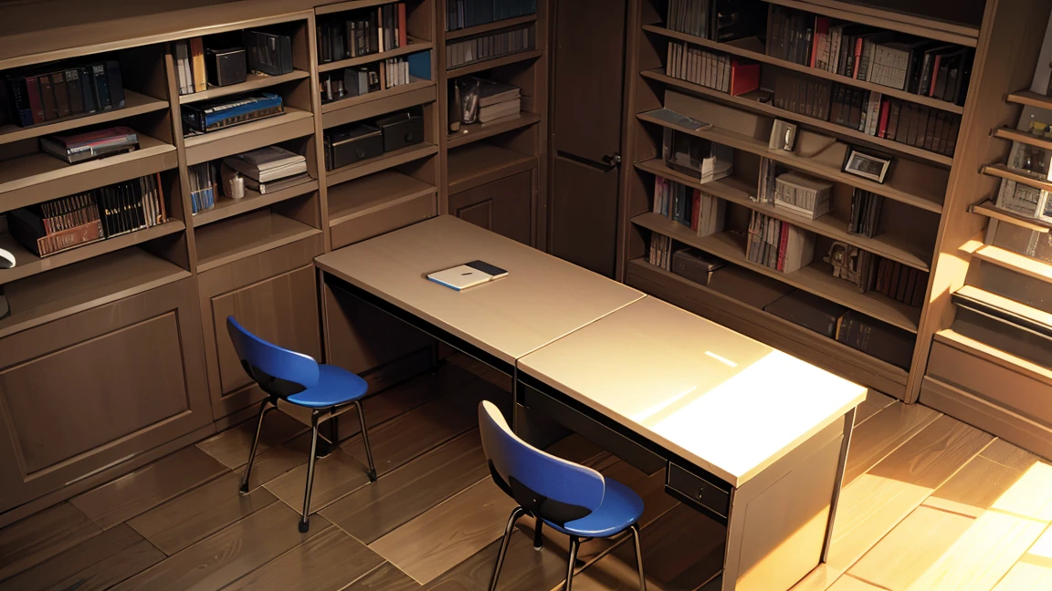 A narrow and dark study、The back wall is completely covered with bookshelves、A desk with a PC in the center、No people