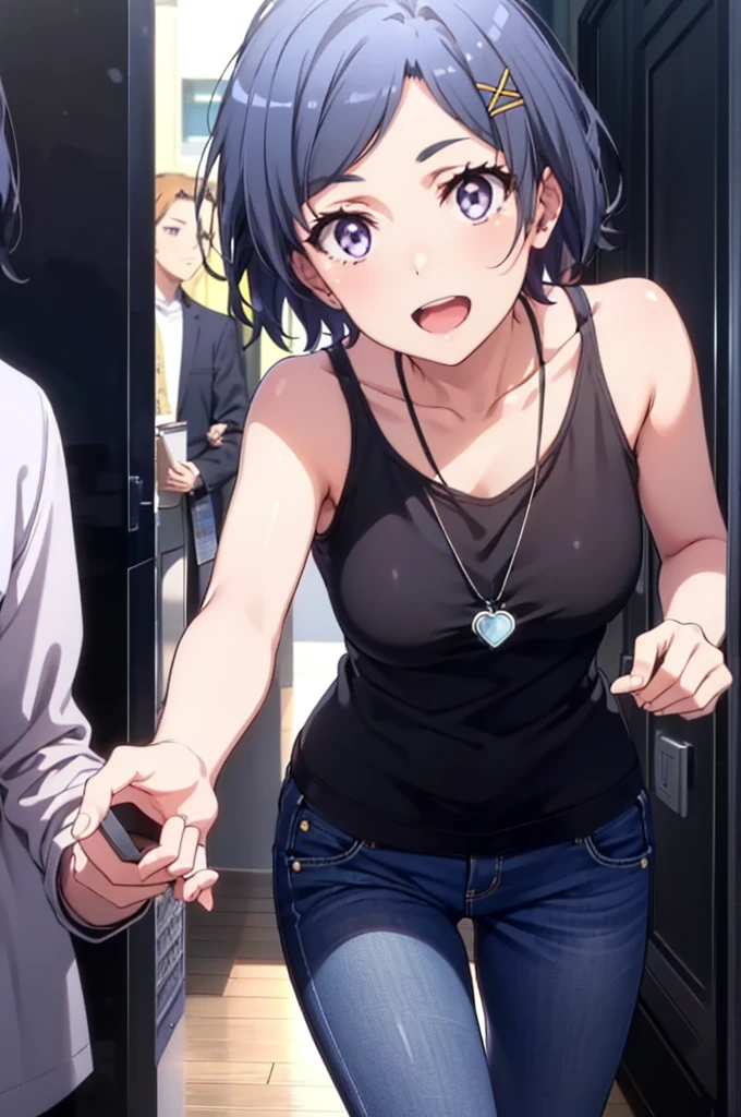 komachihikigaya, komachi hikigaya, short hair, Black Hair, hair ornaments, Ahoge, Hair Clip, x hair ornaments, (Purple eyes:1.1), tooth, happy smile, smile, Open your mouth, black tank top shirt,Locket Necklace,Skinny jeans,Stiletto heels,morning,morning陽,The sun is rising,Walking,whole bodyがイラストに入るように,
break outdoors, Building district,
break looking at viewer,whole body,
break (masterpiece:1.2), Highest quality, High resolution, unity 8k wallpaper, (figure:0.8), (Beautiful attention to detail:1.6), Highly detailed face, Perfect lighting, Highly detailed CG, (Perfect hands, Perfect Anatomy),