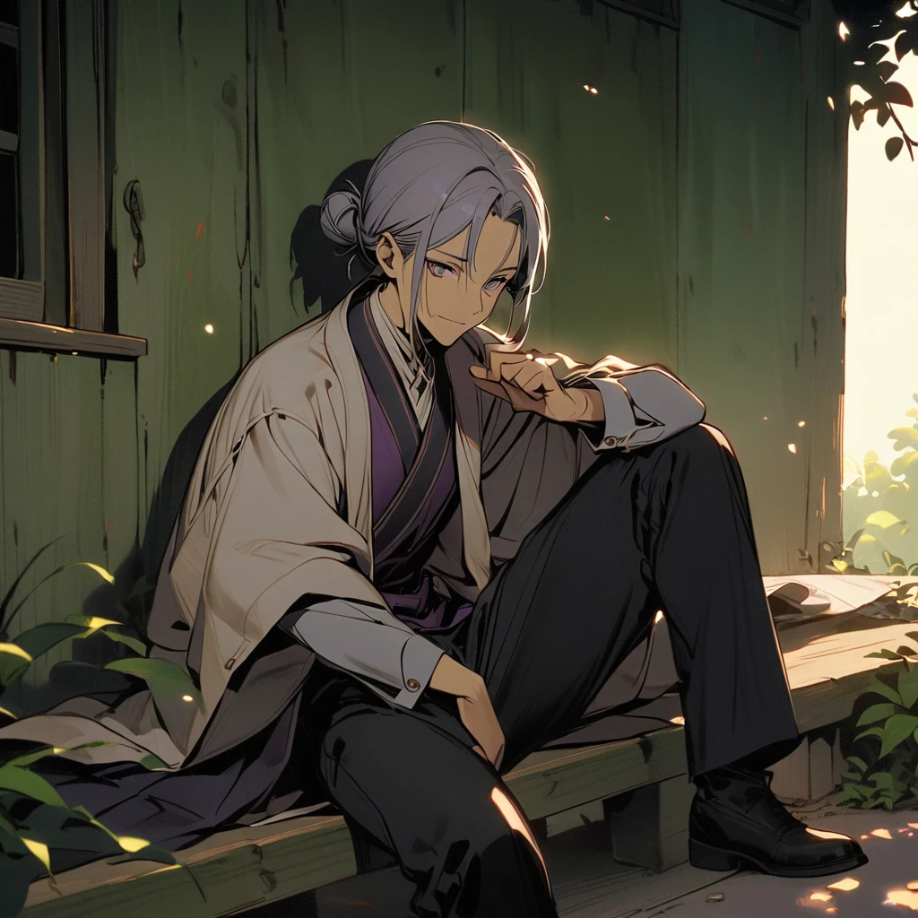 (well done:1old man, long gray hair tied in two buns green right eye, yellow left eye, purple shirt, white coat, black pants, black boots. sitting on a bench with a katana on his lap