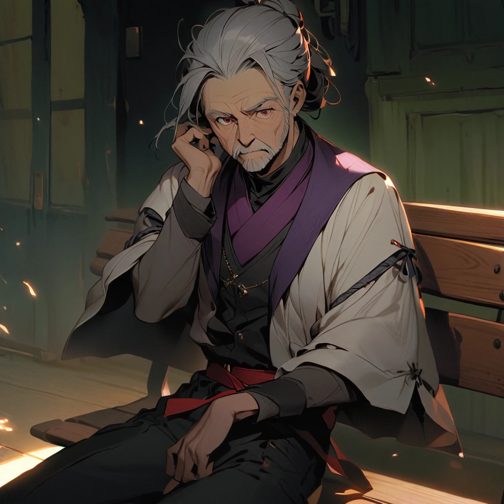 (well done:1old man, long gray hair tied in two buns green right eye, yellow left eye, purple shirt, white coat, black pants, black boots.   sitting on a bench with a katana on his lap