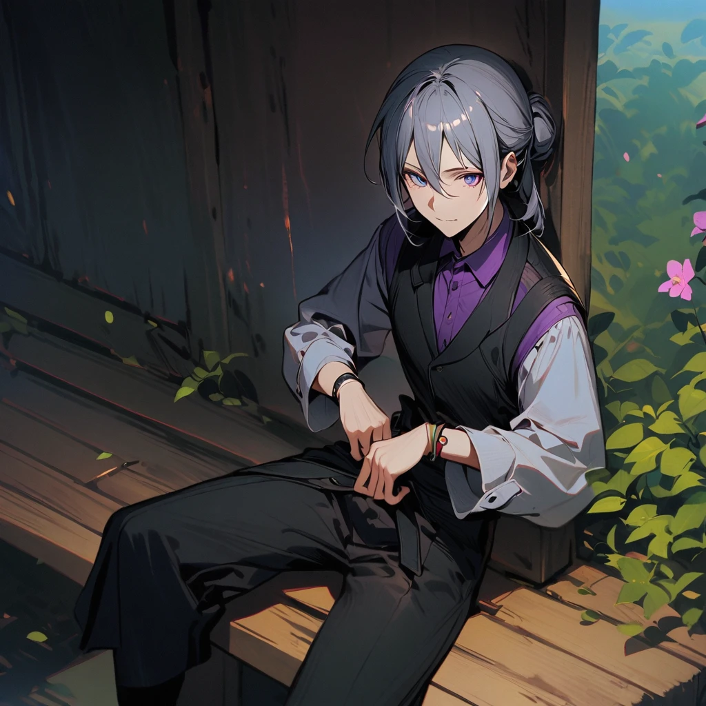 (well done:1old man, long gray hair tied in two buns green right eye, yellow left eye, purple shirt, white coat, black pants, black boots.   sitting on a bench with a katana on his lap