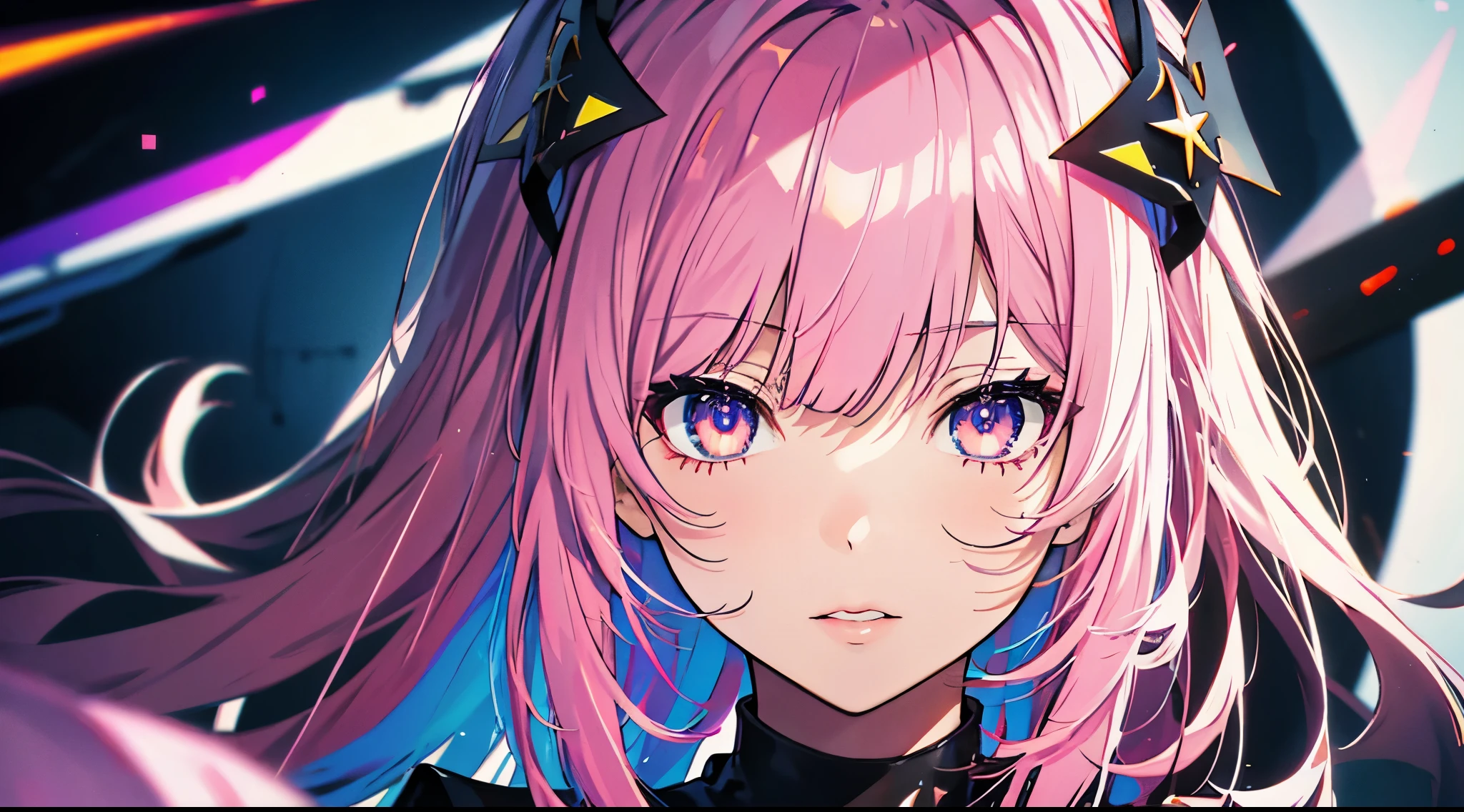 Close-up shot, Eye close-up, ((masterpiece)), ((Super detailed)), Pixiv, Best Shadow, Best lighting, Highest quality, Cinematic shots, One Girl, alone, prohibit, Theme depth, paint, Portraiture, Hair length, Blunt bangs, Lips parted, Paint splashes, ((Two-tone hair)), Looking into the camera, Pink Hair, ((Colorful eyes)), chromatic aberration