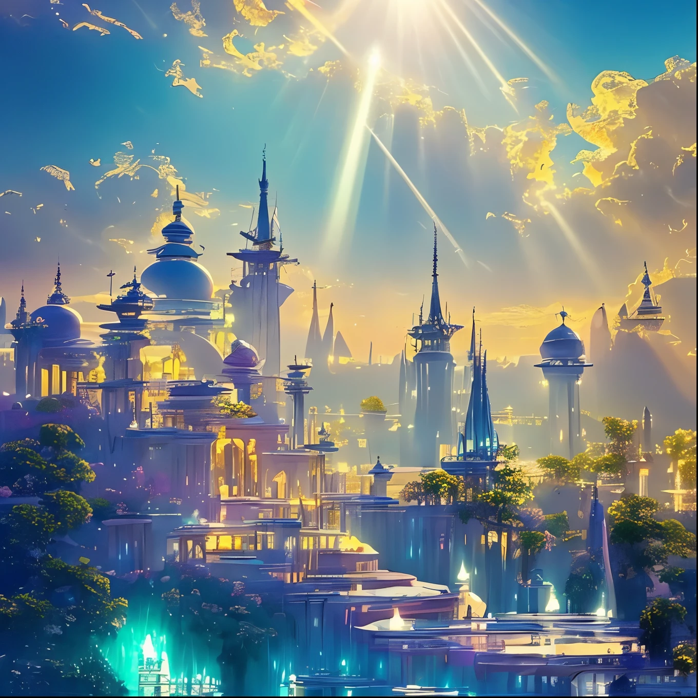 sidon style, City of progress, futuristic city, utopian world, shiny great colors,prosperous buildings, high class clothes and architectural designs, luxurious constructions, utopian futur, highly detailed, hdr, perfect, stunning progressive architecture, flawless world, reflective surfaces, subsurface scattering, flawless buildings, beyond imagination, 8K, global illumination, wide angle, god rays, dream world