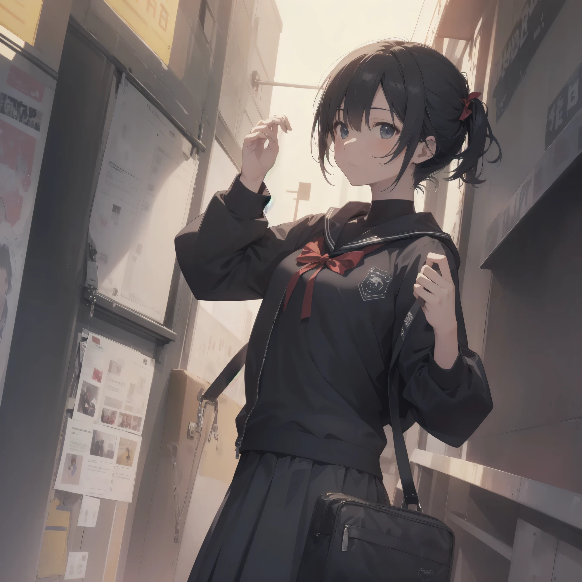 ultra-absurdres-Top quality by artist God, ultra-detailed, high resolution, anime moe artstyle, best anime 8k konachan wallpaper, pixiv contest winner, pool:2810, perfect anatomy,break, 1girl, (Please draw a girl walking sleepily to school alone. )break,(Solo,little female, -yeld:1.Full limbs, complete fingers,a junior hihort hair), short cut, flat chest, , small butt, small black eyes, beautiful detailed eyes, well-proportioned iris and pupils, expressive eyes, highres detailed hair, soft expression, salor school_uniform, sailor collar, serahuku, bow, pleated skirt,(Detailed Lighting), (Detailed background), in the School commute route. break,super detailed skin, Best cinematic lighting powered by famous artist, 8k,beauty illustration,photoshop_(medium),very aesthetic,break,((artist:konoshige_(ryuun) )), artist:clamp ,artist:carnelian ,artist:kantoku ,