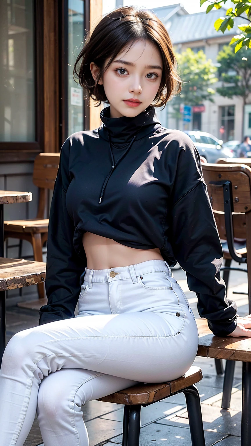 (8K, RAW photos, best quality, masterpiece:1.2), (realistic, photo-realistic:1.3)、((1 woman)), 20 year old Japanese woman with a beautiful face.、hair is gray、Eye color is dark blue, smile, high definition face, Curly short hair, (((sit at the cafe)), (((Offsolder sitting back wearing a large sweatshirt and white skinny jeans))), glowing skin, photometry, (((slim body))), Vivid colors, various postures,