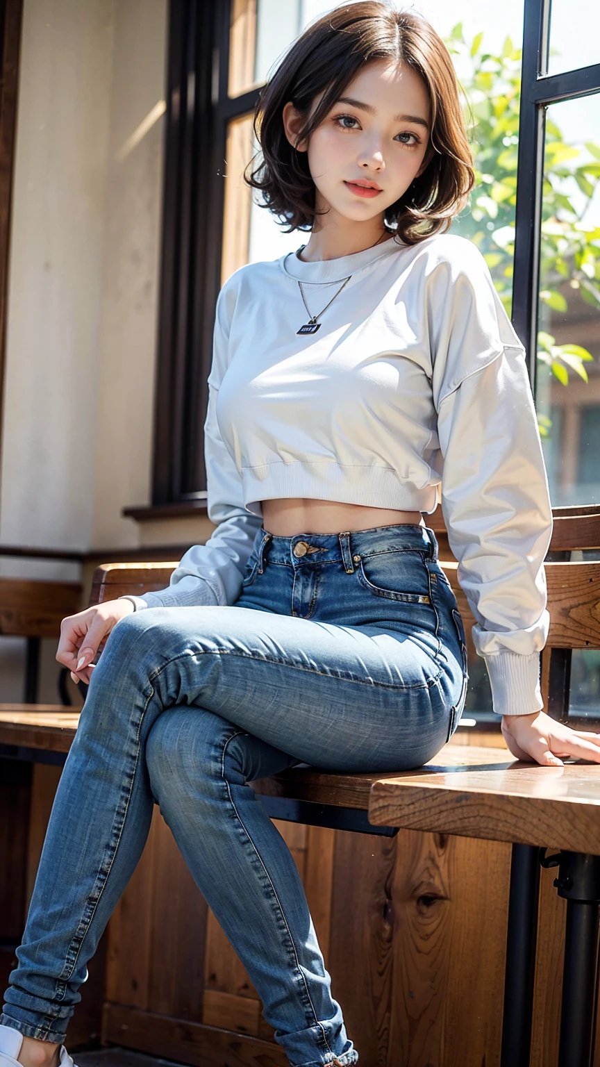 (8K, RAW photos, best quality, masterpiece:1.2), (realistic, photo-realistic:1.3)、((1 woman)), 20 year old Japanese woman with a beautiful face.、hair is gray、Eye color is dark blue, smile, high definition face, Curly short hair, (((sit at the cafe)), (((Offsolder sitting back wearing a large sweatshirt and white skinny jeans))), glowing skin, photometry, (((slim body))), Vivid colors, various postures,