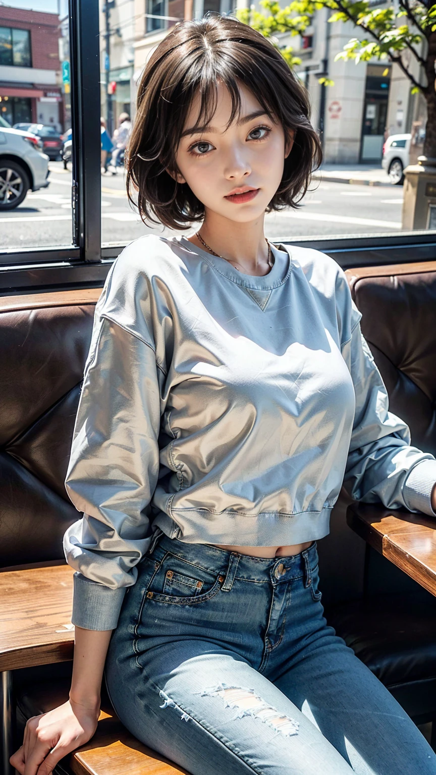 (8K, RAW photos, best quality, masterpiece:1.2), (realistic, photo-realistic:1.3)、((1 woman)), 20 year old Japanese woman with a beautiful face.、hair is gray、Eye color is dark blue, smile, high definition face, Curly short hair, (((sit at the cafe)), (((Offsolder sitting back wearing a large sweatshirt and white skinny jeans))), glowing skin, photometry, (((slim body))), Vivid colors, various postures,