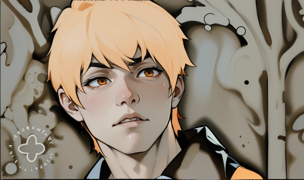 cute 17 year old boy orange hair and orange eyes he is upset he is talking to someone with his mouth open he is serious angry sad
