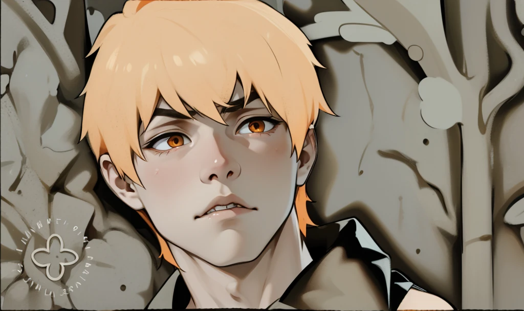 cute 17 year old boy orange hair and orange eyes he is upset he is talking to someone with his mouth open he is serious angry sad
