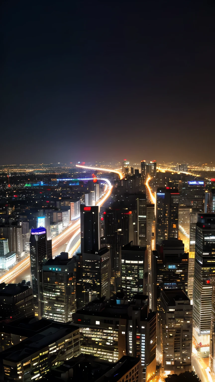 arafed view of a Night city with a lot of lights, Cityscape shot from drone, Flat view of the city, Flat view of cyberpunk city, Busy city landscape, A frontal view of a megacity street, Head-up view of the city, beautiful city of the future, Brightly lit building, Night city, City night visual effects