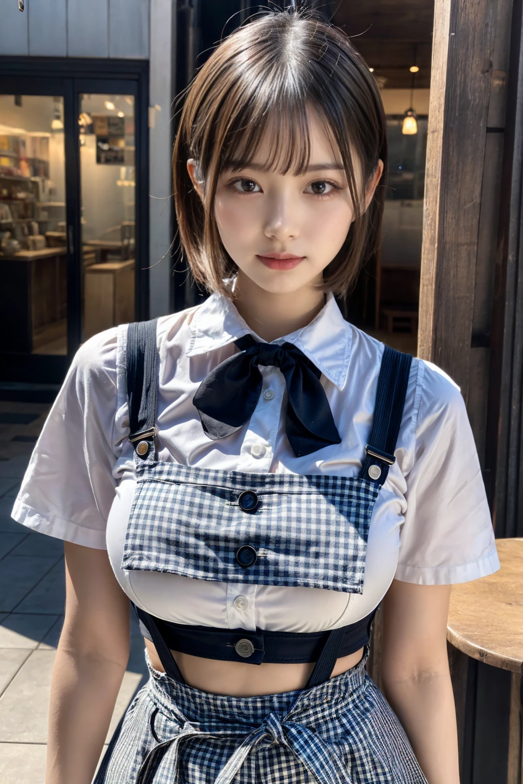 masterpiece, best quality, ultra high res, (photo realistic:1.6), 1girl, (short hair:1.5), (round face:1.3),(gingham-check suspender-apron:1.3), (solid-blue high-waist skirt:1.3), (apron over skirt:1.2), (white blouse:1.3), (double-breasted,underbust:1.2), short sleeves, button gap, (solid-blue bow-tie:1.2), (Plumpy body:1.2), (smooth skin:1.1), dynamic pose, (breasts:1.2), cafe, Restaurant,