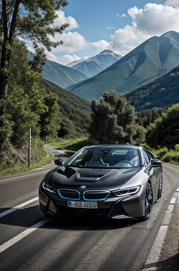 Bmw i8 going on the road , mountain there, trees and wet road 