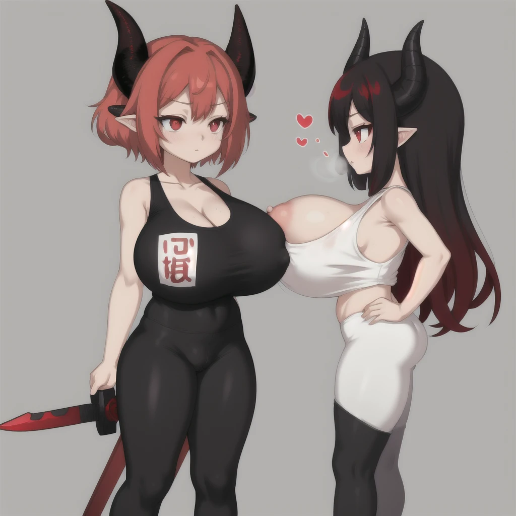 red hair, female, solo, smol, white dragon horns, red eyes, massive breasts, oppai , very long hair, wear open cut black tight tank top and red leggings, holding a red sword, masterpiece, ultra high quality