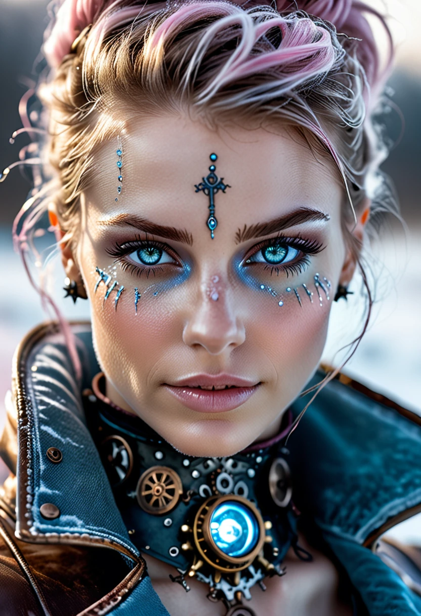 photo shot on Nikon D850, 16k, masterpiece, Detailed, breathtaking, atmospheric perspective, diffusion, natural skin texture, DSLR, 80mm Sigma f2, depth of field, film grain, intricate natural lighting, full length photo of beautiful steampunk with icy blue and white lighting standing in icy field, topless, light grey and pink, energy-filled illustrations, extremely sexy, detailed face and eyes, no makeup, little smiling, highly detailed, dark fantasy aura, faded colours.