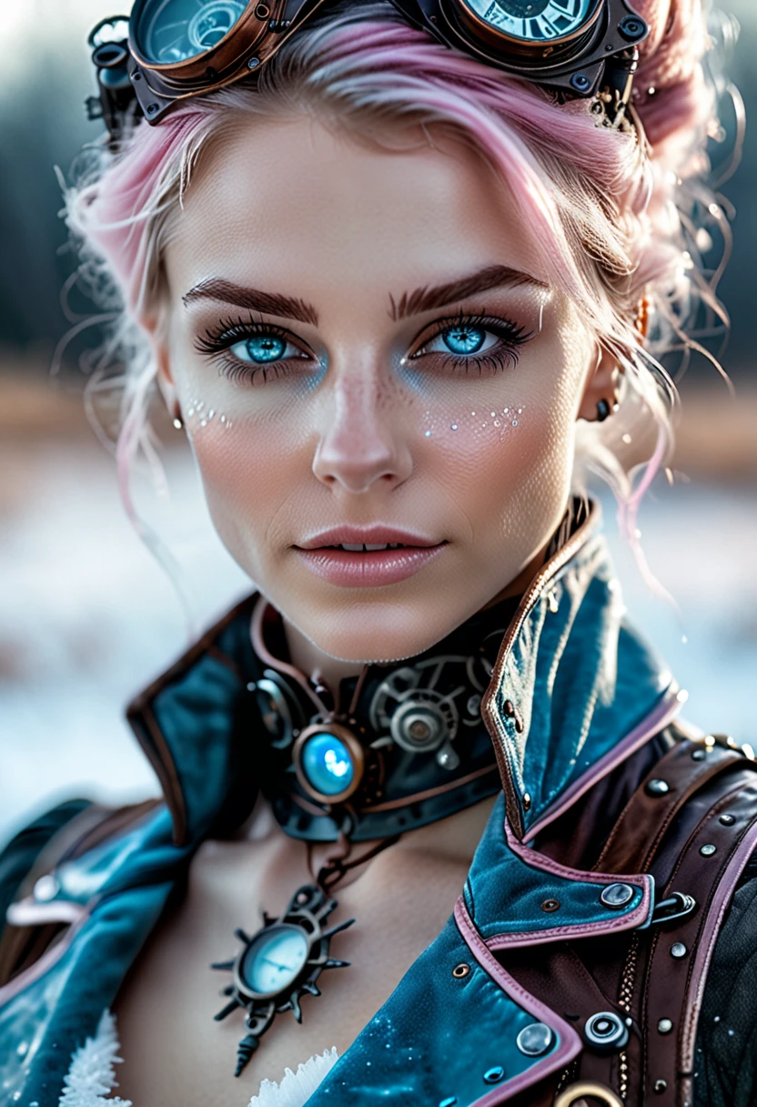 photo shot on Nikon D850, 16k, masterpiece, Detailed, breathtaking, atmospheric perspective, diffusion, natural skin texture, DSLR, 80mm Sigma f2, depth of field, film grain, intricate natural lighting,  full length photo of beautiful steampunk with icy blue and white lighting standing in icy field, topless, light grey and pink, energy-filled illustrations, extremely sexy, detailed face and eyes, no makeup, little smiling, highly detailed, dark fantasy aura,  faded colours. 
