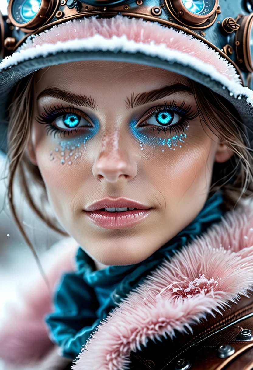 photo shot on Nikon D850, 16k, masterpiece, Detailed, breathtaking, atmospheric perspective, diffusion, natural skin texture, DSLR, 80mm Sigma f2, depth of field, film grain, intricate natural lighting, full length photo of beautiful steampunk with icy blue and white lighting standing in icy field, topless, light grey and pink, energy-filled illustrations, extremely sexy, detailed face and eyes, no makeup, little smiling, highly detailed, dark fantasy aura, faded colours.